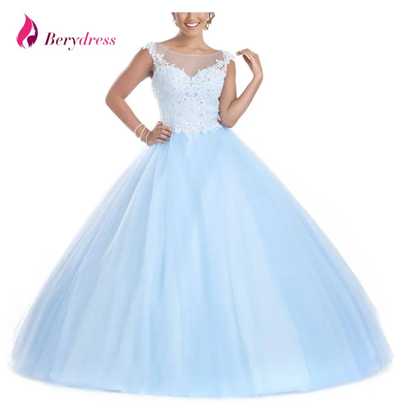 Berydress Quinceanera Dresses Ice Blue Quince dress Ball Gown O neck
