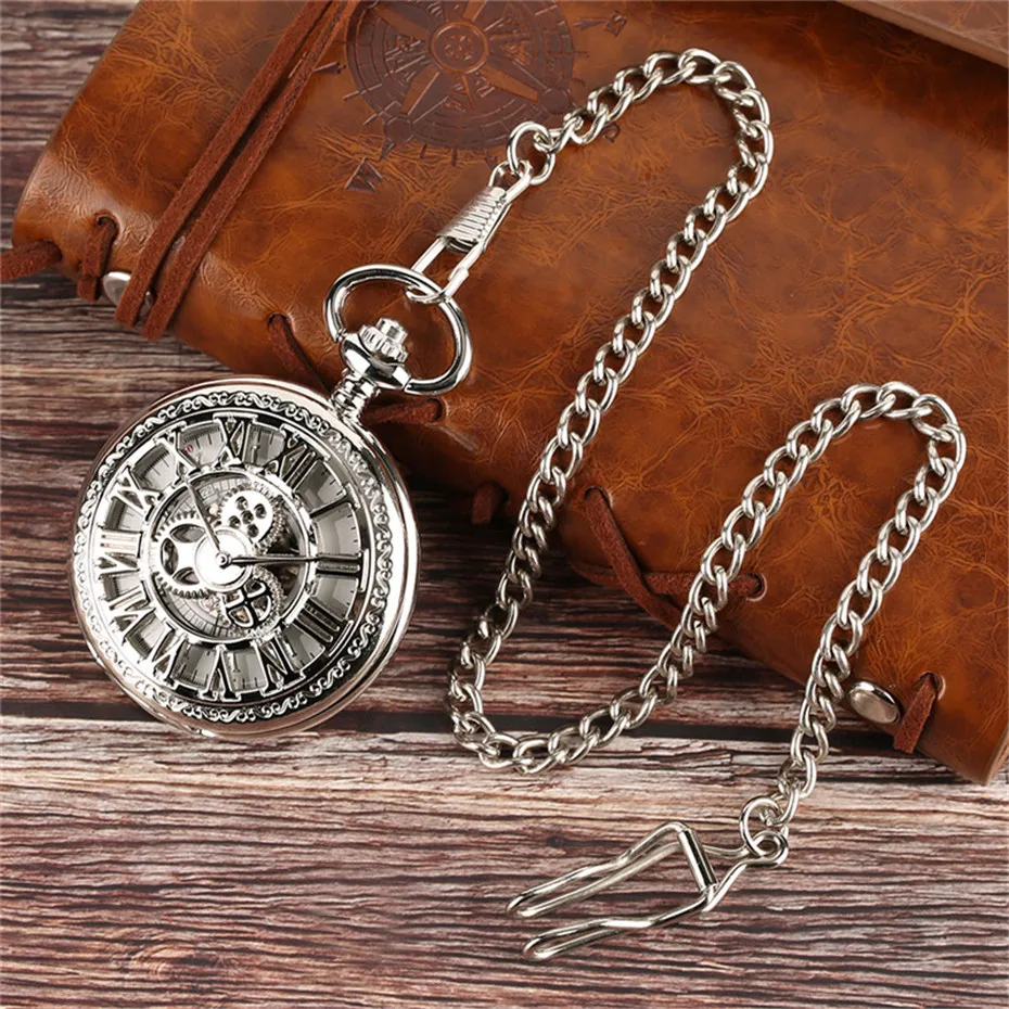 Silver Hollow Gear Roman Mechanical Pocket Watch Chain Classic Hand Winding Clock Roman Number Men Women Children Clock  (8)