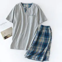 Мужские летние пижамы с коротким рукавом и шортами, пижамные комплекты из чистого хлопка, Мужская пижама для сна, домашняя одежда