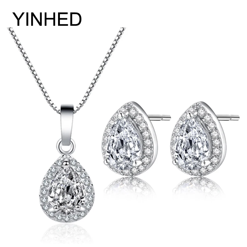 

YINHED Bridal Wedding Jewelry Sets for Women 925 Sterling Silver Cubic Zirconia Pendant Necklace and Stud Earrings Set ZS059