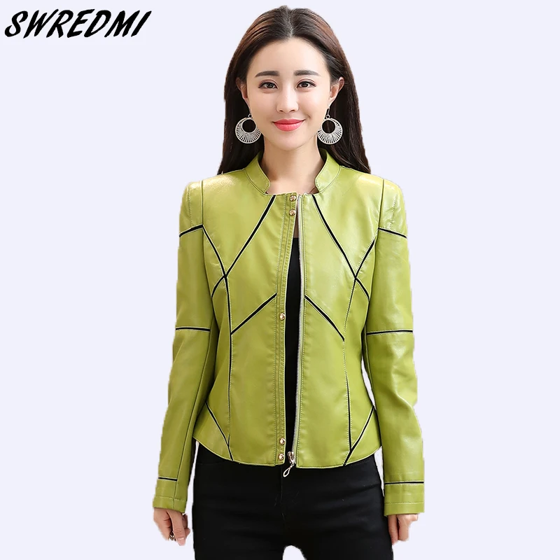 

SWREDMI 2019 Spring Spliced Green Women Leather Coat Slim Casual Short Female Jackets Leather Plus Size S-3XL Basic Clothes