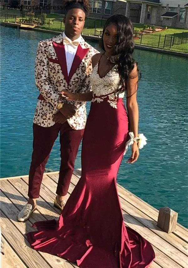 2019 South African Couple Fashion Burgundy Prom Dresses Mermaid V Neck Lace Appliques Satin Long Evening Gowns Custom Made BC1216 129 (5)