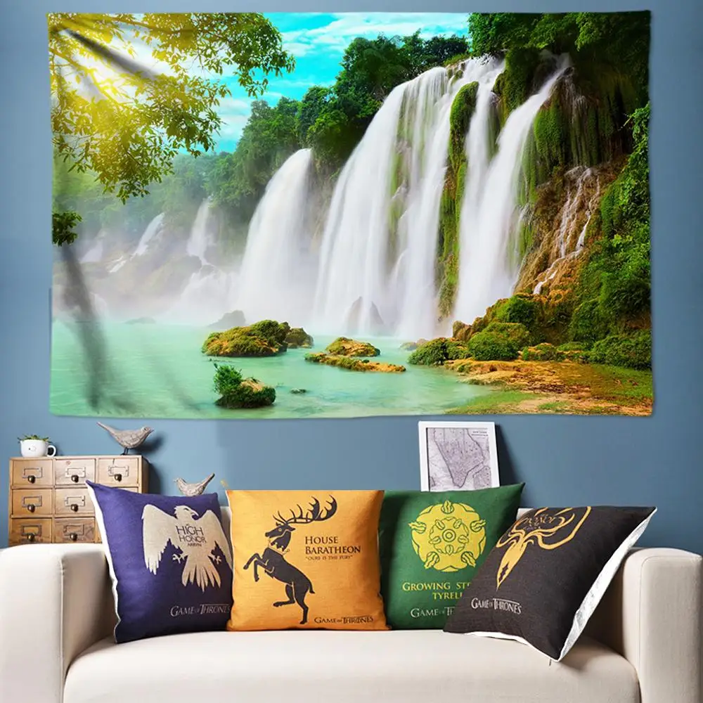 

Jade Green Nature Tapestry 3D Wall Hanging Sunshine Waterfall Wall Tapestry Psychedelic Mountain Hippie Tapestries Boho Decor