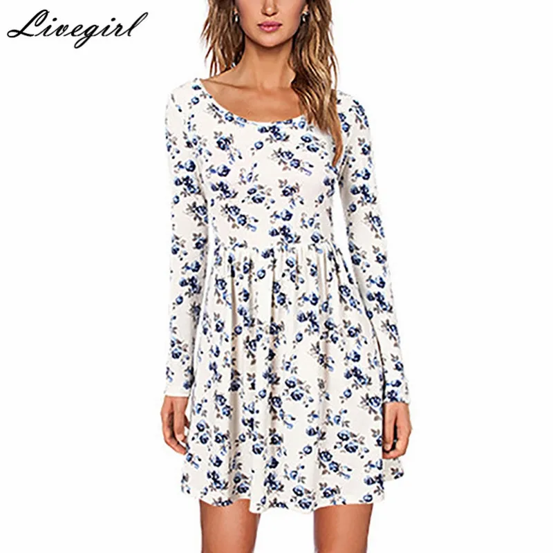Women Spring Autumn Winter Vintage Dress Long Sleeved Print Floral