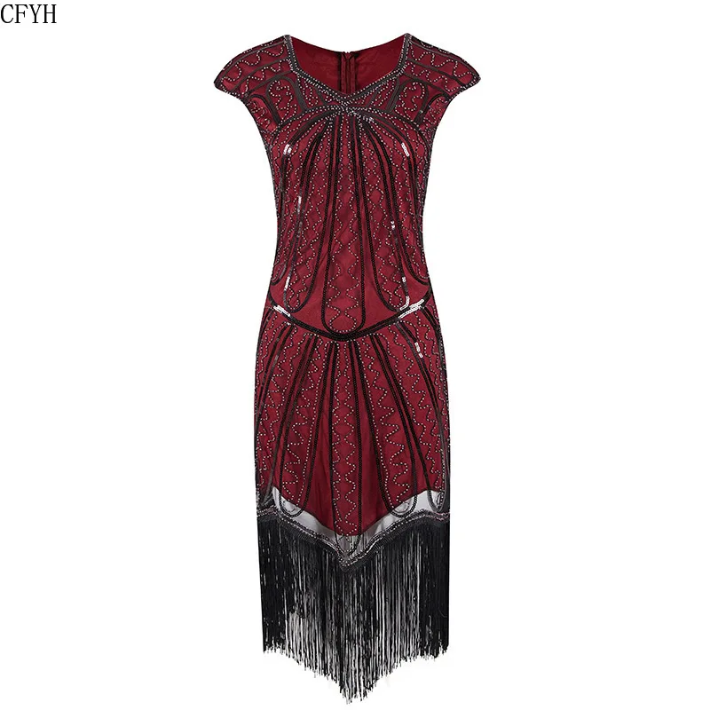 

Vintage 1920s Flapper Great Gatsby Dress V-Neck Cap Sleeve Sequin Fringe Party Midi Dress Vestidos Verano 2019 Lady Summer Dress