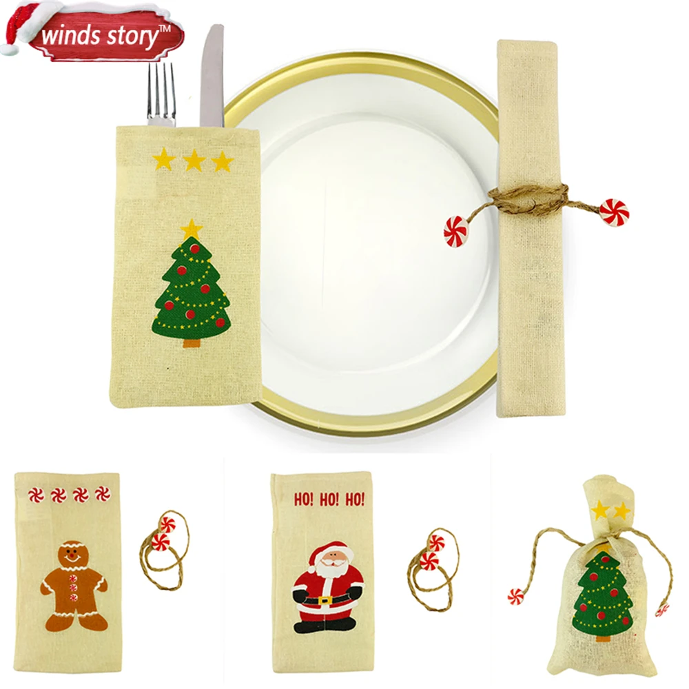 

10Ps Christmas Decorations Santa Gingerbread Man Tree Silverware Holders Pockets Dinner Table Home Decor Xmas candy Gift pocker