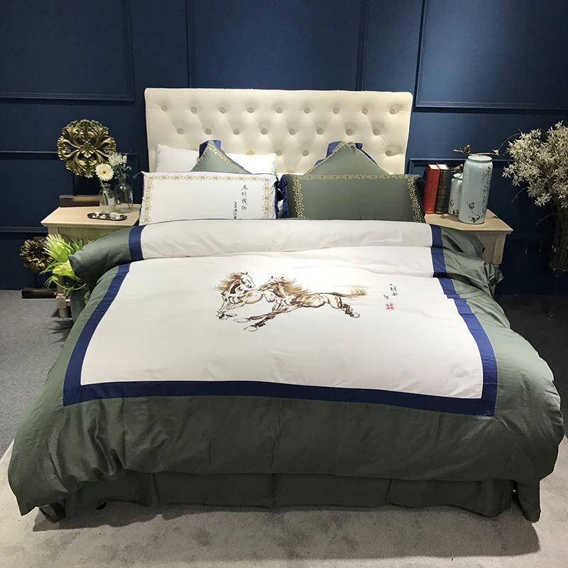 

Chinese Painting Horse Galloping 60S Long-staple cotton Satin Embroidery Bedding Set Duvet Cover Bed Linen Bed sheet Pillowcases