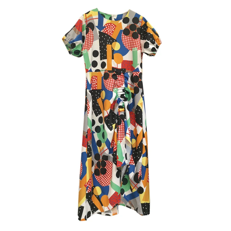 

PERHAPS U geometric polka dot patchwork print o neck puff short sleeve split empire a line midi dress D1611