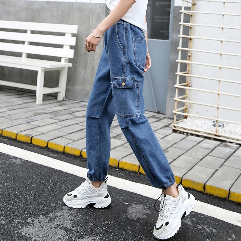Street Harem Jeans Women Pocket Boyfriends Jeans Loose Denim Pants Mom Jeans 2019 Vintage Elastic Waist Jeans Plus Size Chic