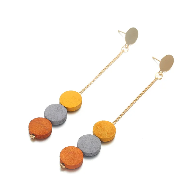 

New fashion coloured round wood Tassel Earrings simple Long pendant earrings girl Jewelry gift