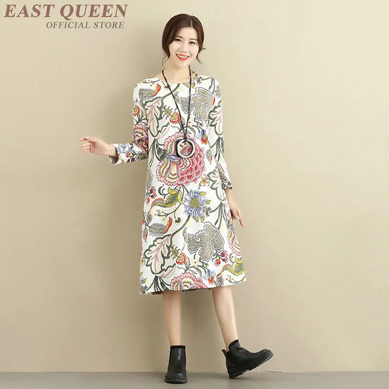 Традиционный китайский стиль Женская длинное платье в Весна и осень свободные элегантный с принтом платье с цветочным рисунком женские топы AA3247 F
