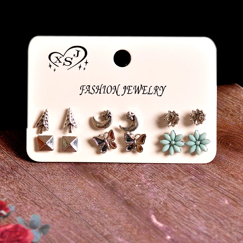 

New fashion women accessories wholesale girls birthday party moon star stud mix and match style 6 pairs /set earrings gift