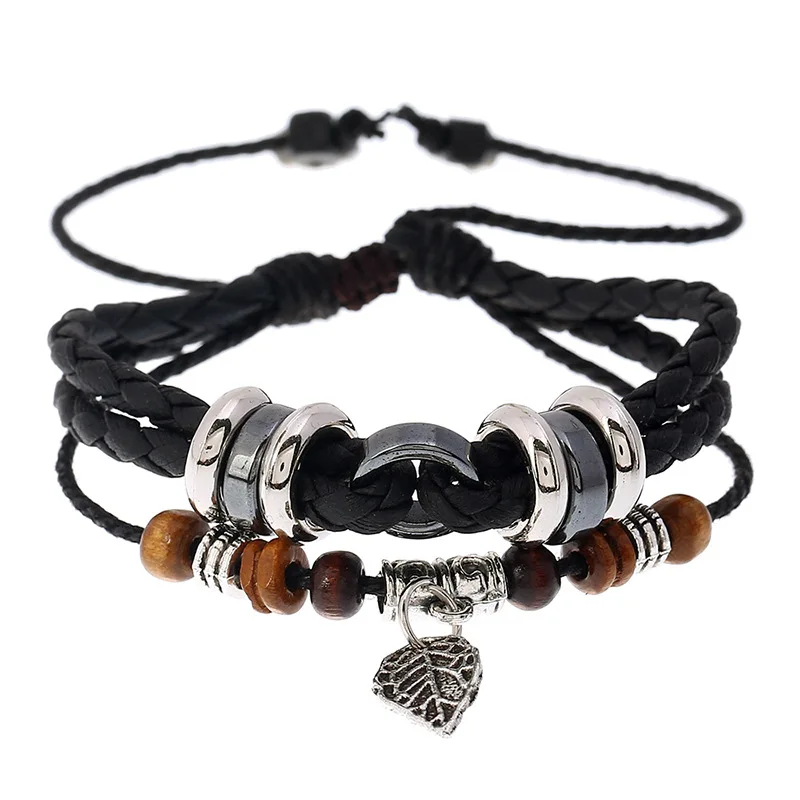 

Korean Men's Fashion Creative Multi-layer Woven Leaf Pendant Leather Bracelet Student Personality Accessories Jewelry Adjustable