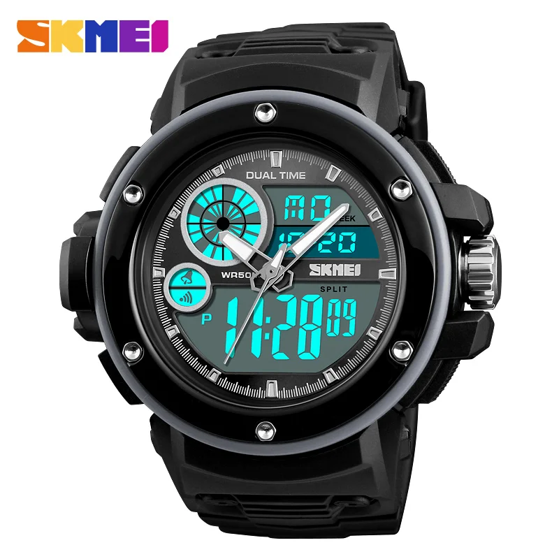 

SKMEI Men Sports Watches Quartz Digital Clock Watch Back Light Fashion Wristwatches 2 Time 12/24 Hour Waterproof Top Brand 1341