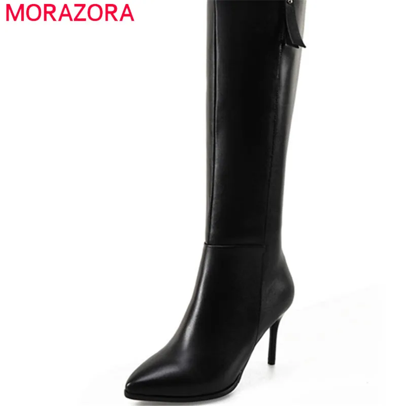 

MORAZORA 2020 new fashion shoes woman genuine leather pointed toe short plush knee high boots sexy thin high heels ladies boots