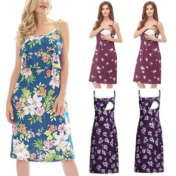 

Maternity Breastfeeding Dresses Women's Short Sleeve Ruffles Summer Floral Print Dress Ropa Premama Summer Pregnant Mother Dress