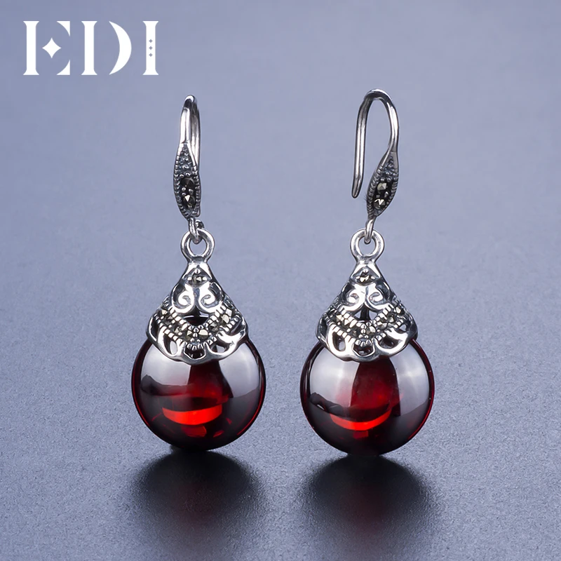 EDI Retro Flower Garnet Pendant Necklace and Drop Earrings For Women 100% 925 Sterling Silver Simulated Gemstone Jewelry Sets