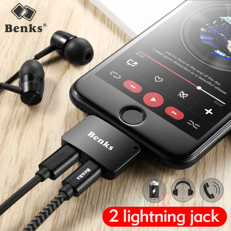 Kopen Benks 2 L ightning Audio Adapter Voor iPhone 7 7 Plus adapter hoofdtelefoon adapter voor iphone 7 Draadloze Zwart compatibel