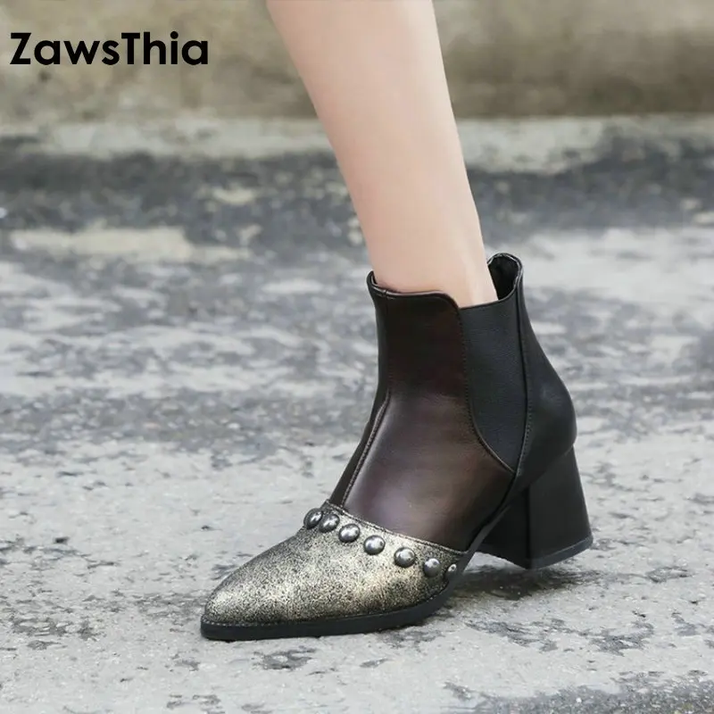 

ZawsThia 2019 new punk winter autumn woman shoes studded ankle boots hoof med heels martin boots for women big size 46 47 48