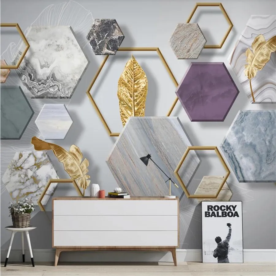 Пользовательские 3d обои фото фрески скандинавские минималистичные каменные геометрические Золотые листья ТВ фон стены гостиной росписи 3d обои