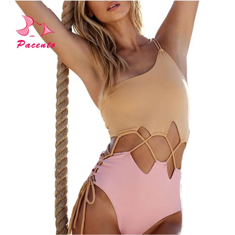 

Pacento One pieces suits patchwork swimsuit cross bandage bikini one shoulder swimwear women brazilian bikinis swimwear female