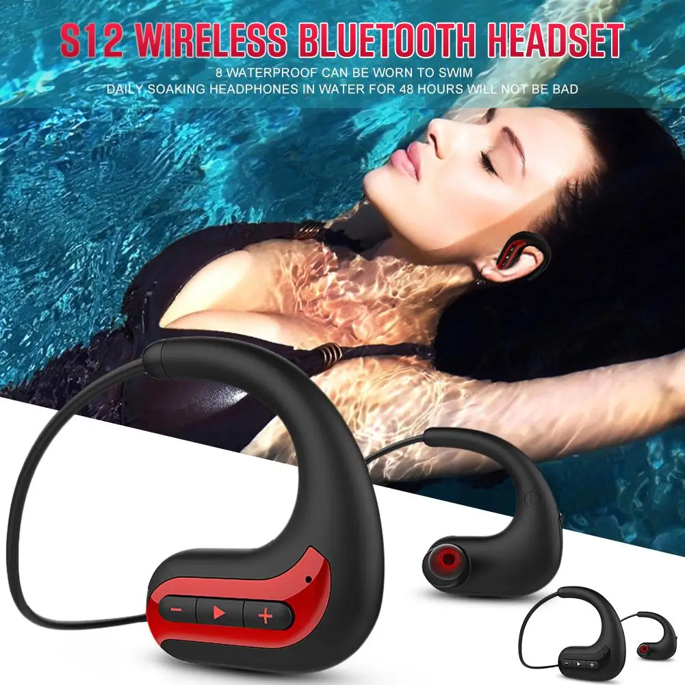 

S12 Wireless Bluetooth Stereo Headset 8G Memory 8 Level Waterproof Head Mounted Sports Swimming Running Earbud Ear