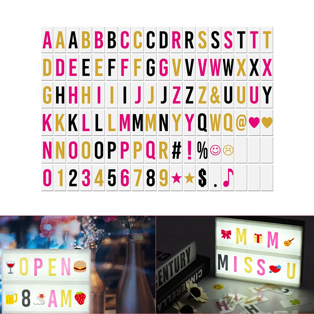 

102pcs Colorful Interchangeable Letters Numbers Symbols Characters Cards Free Combination for DIY LED Cinema Light Box Mes Board