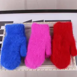 2018 Для женщин Зимние перчатки из мягкой шерсти с кроличьим мехом теплые трикотажные перчатки мода прекрасный теплее девочек Карамельный