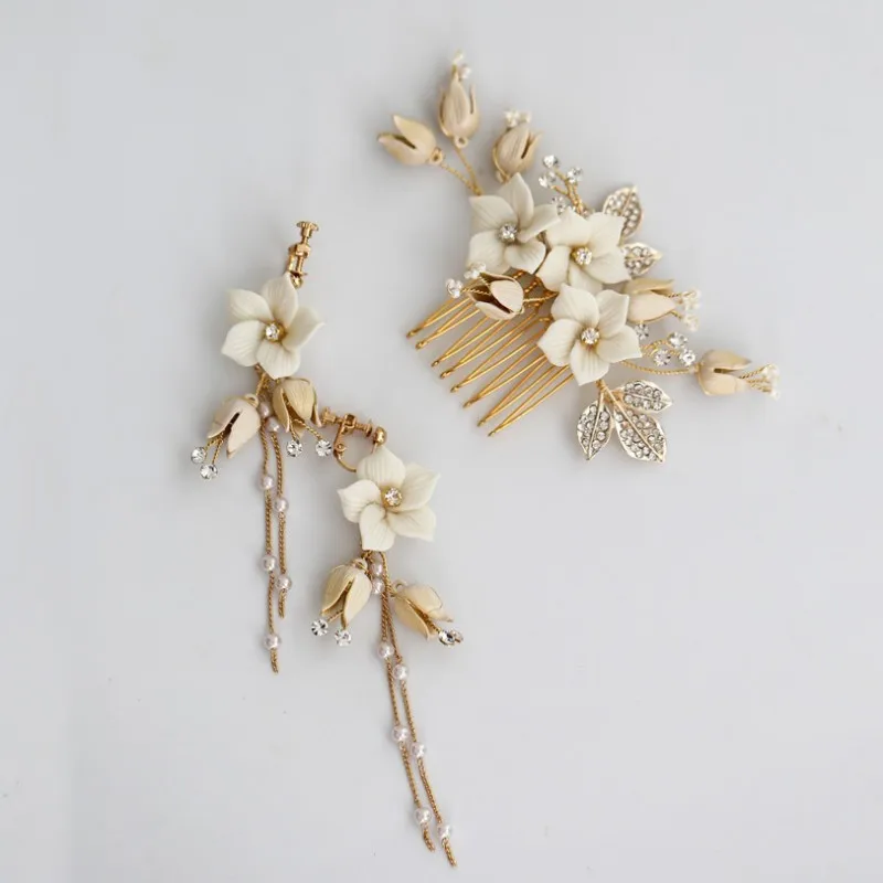 Jonnafe жемчуг свадебные украшения для волос Золотой фарфор цветок свадебный гребень волос кусок ручной работы женские аксессуары