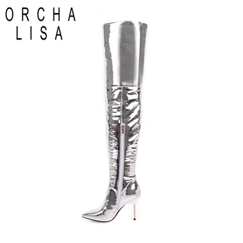

ORCHA LISA Patent Leather Sexy Super High Heel Knee Boots Silver Stiletto heel Pointed toe Party Zipper dress Boots Women Shoes
