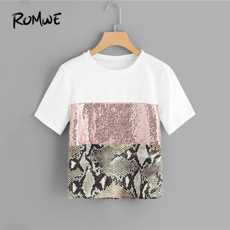 

ROMWE Contrast Sequin Panel Tee 2019 Posh Women Round Neck Clothes T Shirt Chic Streetwear Summer Short Sleeve T Shirt
