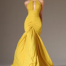 Новые Желтые шифоновые плиссированные Формальные Вечерние платья Длинные Холтер спинки вечернее платье