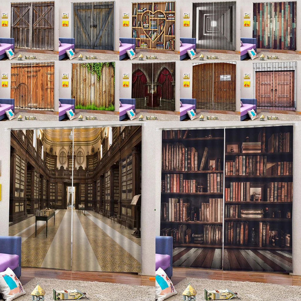 

1 Pair 3D Digital Photo Print Wood Door Effect Curtains Blackout Window Drapes, 2 Panels/ Set, 59x65inches