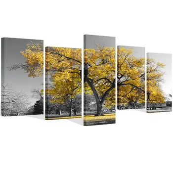 

5 Pieces Canvas Painting Prints Yellow Tree Black and White Fall Landscape Home Office Wall Decor
