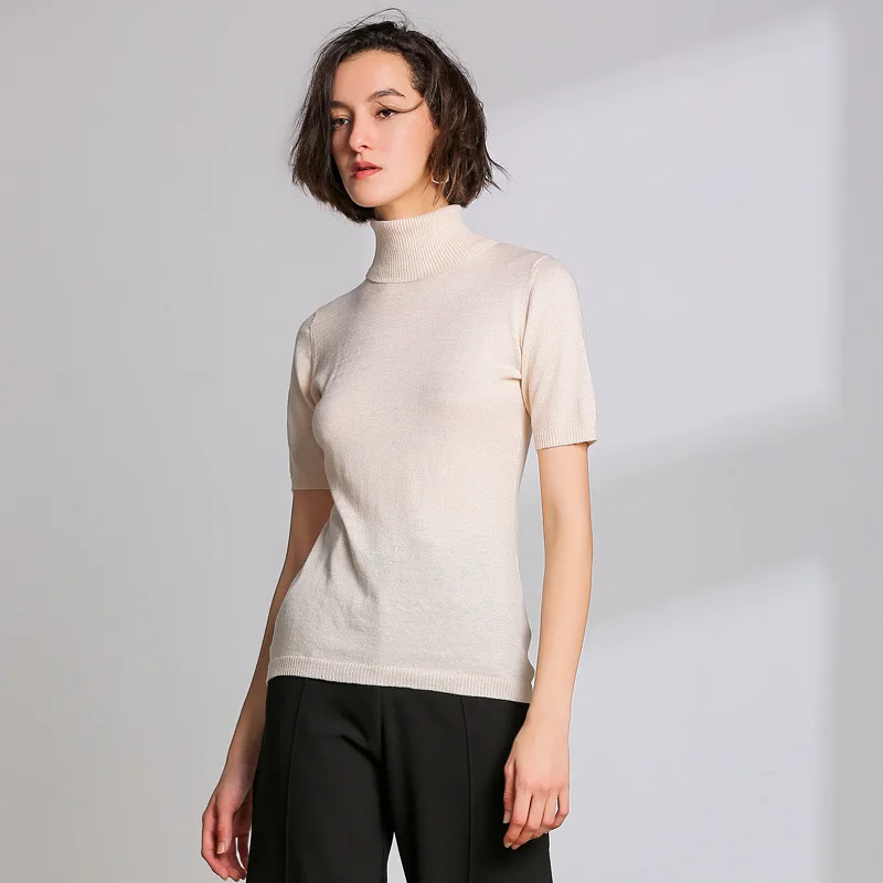 

Sweater Pullover Female Cashmere Blended Knit Short-sleeved Turtleneck Pullovers Women Spring Autumn Slim Solid Color Sweaters