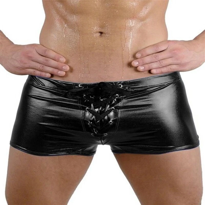 

Sexy Straps Underwear Men's Boxer Briefs PU Patent Leather Bodybuilding Shorts Pole Dance Performance Clothing 192