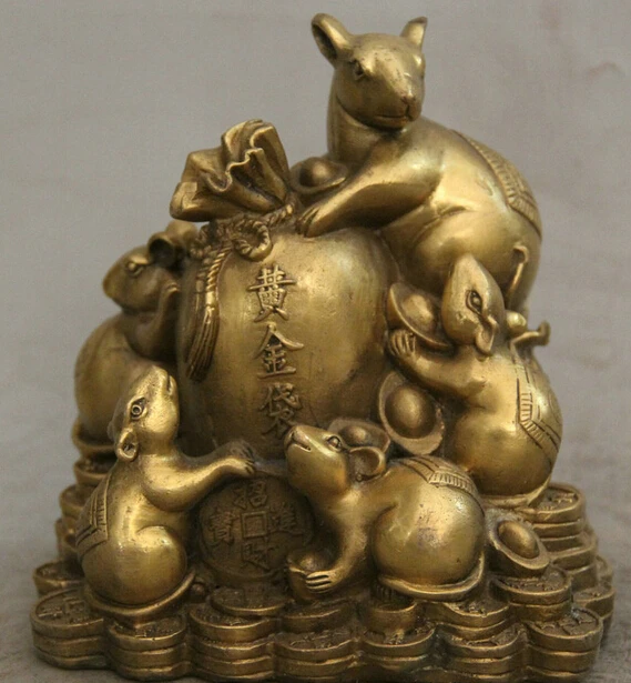 

JP S0522 6" China Brass Wealth moneybag Zodiac Year mother and son Mouse sculpture Statue B0403