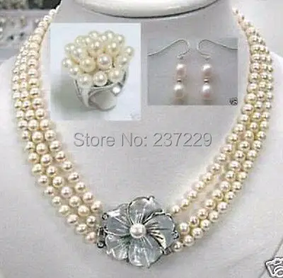 

Wholesale price FREE SHIPPING ^^^Graceful White Akoya Pearl Necklace Ring Earrings 7-8mm