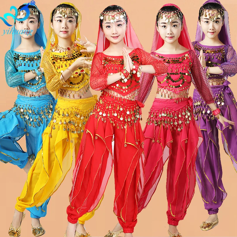 

Child Oriental Belly Dance Costumes Competition Kids Halloween Outfits Girls Indian Long Sleeves Top,Pants,Hip Scarf,Head Veil