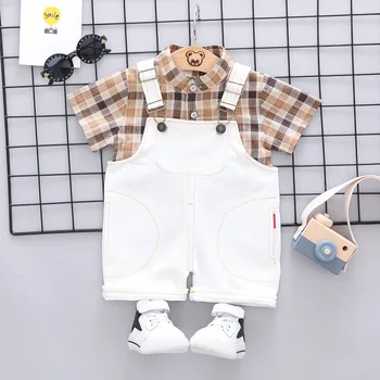 

2019 Summer Fashion Baby Boys Short Sleeve Plaid Shirts Tops + Denim Jeans Overalls Shorts Kids Clothing Sets Casual 2Pcs Suits