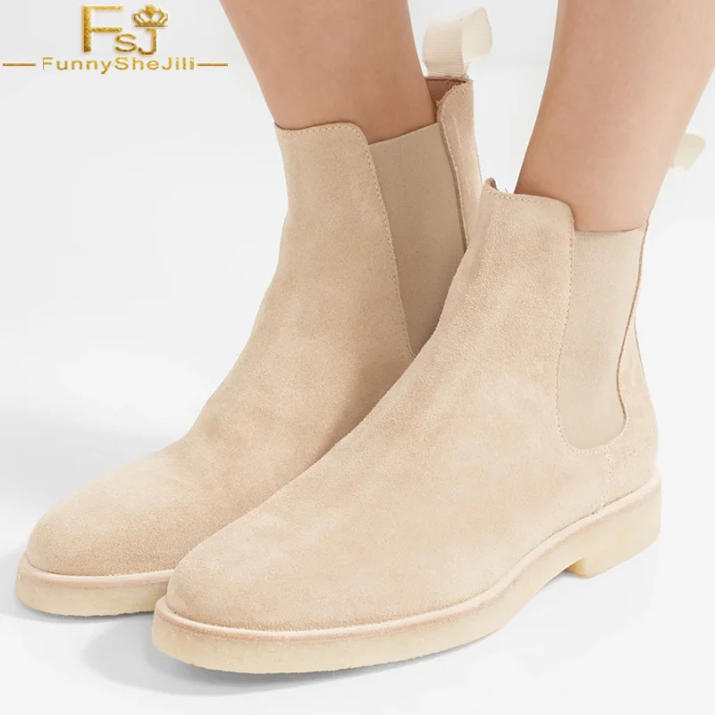 

FSJ Khaki Elastic Chunky Heel Boots Flat With Chelsea Booties Emu Round Toe Autumn Moda Mujer 2018 Ankle Boots Shoes Woman 4-16
