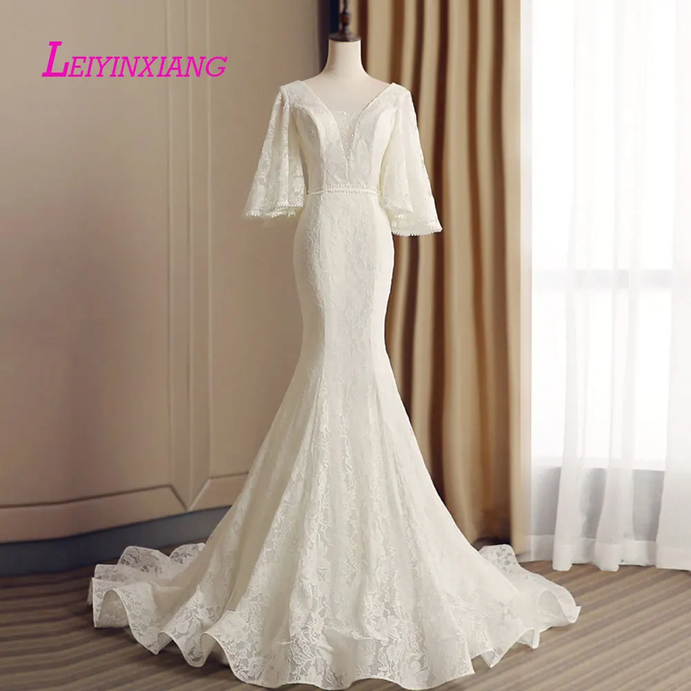 

leiyinxiang Wedding Dress Vestido De Noiva Sereia Robe Sexy Mermaid Lace Luxury Bride Dress Elegant V Neck Backless Romantic