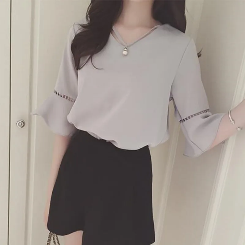 

Hollow Out Chiffon Shirt Flare Sleeve Tops Summer Women Blouse And Tops Ladies Office Blusa Feminina 2019 Womens Blouses Cloth