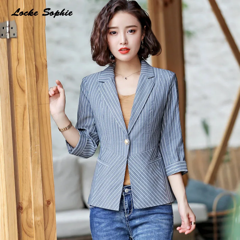 1pcs Women Plus size Blazers coats 2019 Summer cotton Single buckle stripe Small Suits jackets ladies Skinny Blazers Suits coats