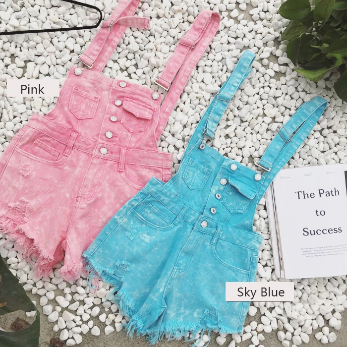 2018 new Korean college wind age denim strap shorts female wild thin students hole suspenders tide (6)