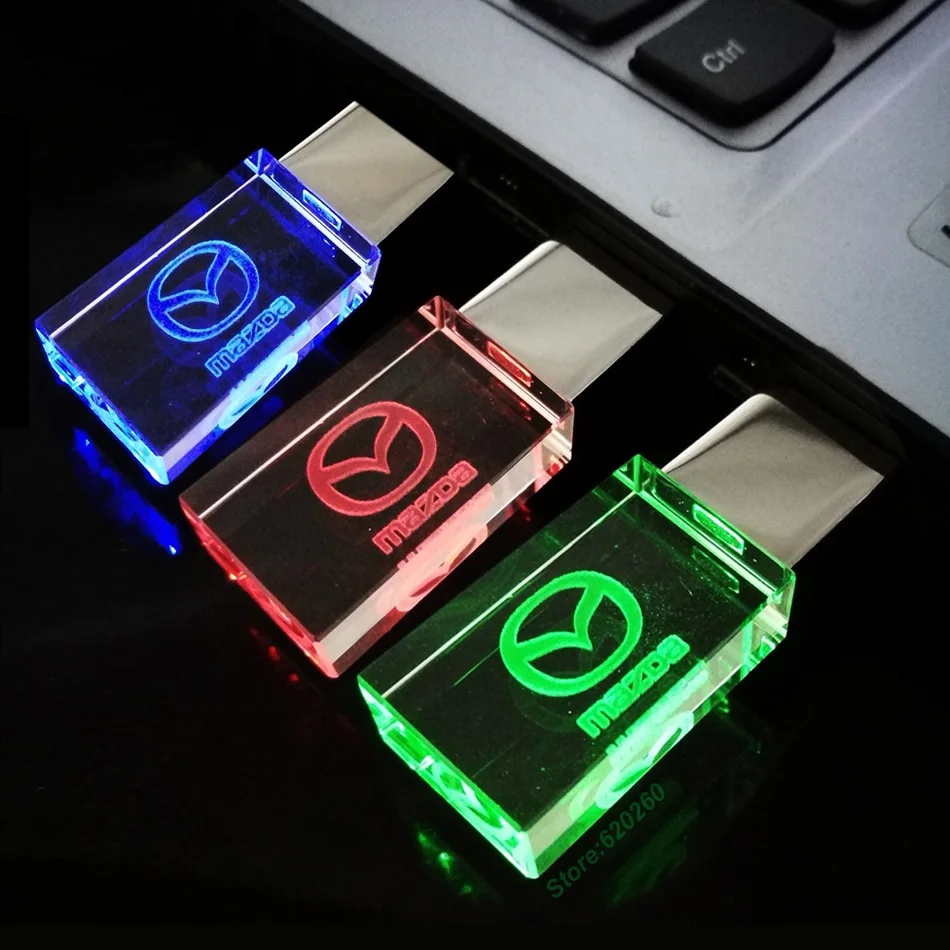 Pen drive 8GB, Crystal Transparent 3Color LED Light for MAZDA Car Logo pen drive 4GB 8GB 16GB 32GB Memory Drive Stick Pen/Car