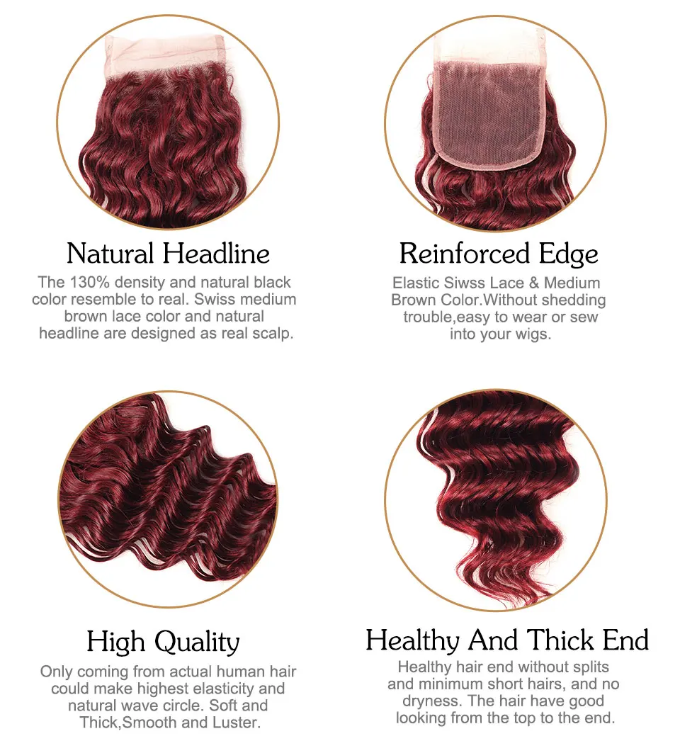 Burgundy Brazilian Deep Wave Bundles With Closure 99J 3 Red Colored Human Hair Bundles With Closure Pinshair Nonremy Hair Weave (11)