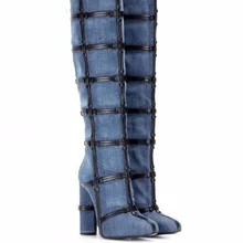 Ковбойский дизайн, стильные женские модные сапоги до колена с круглым носком из джинсовой ткани на толстом каблуке, черные кожаные модные дизайнерские высокие сапоги