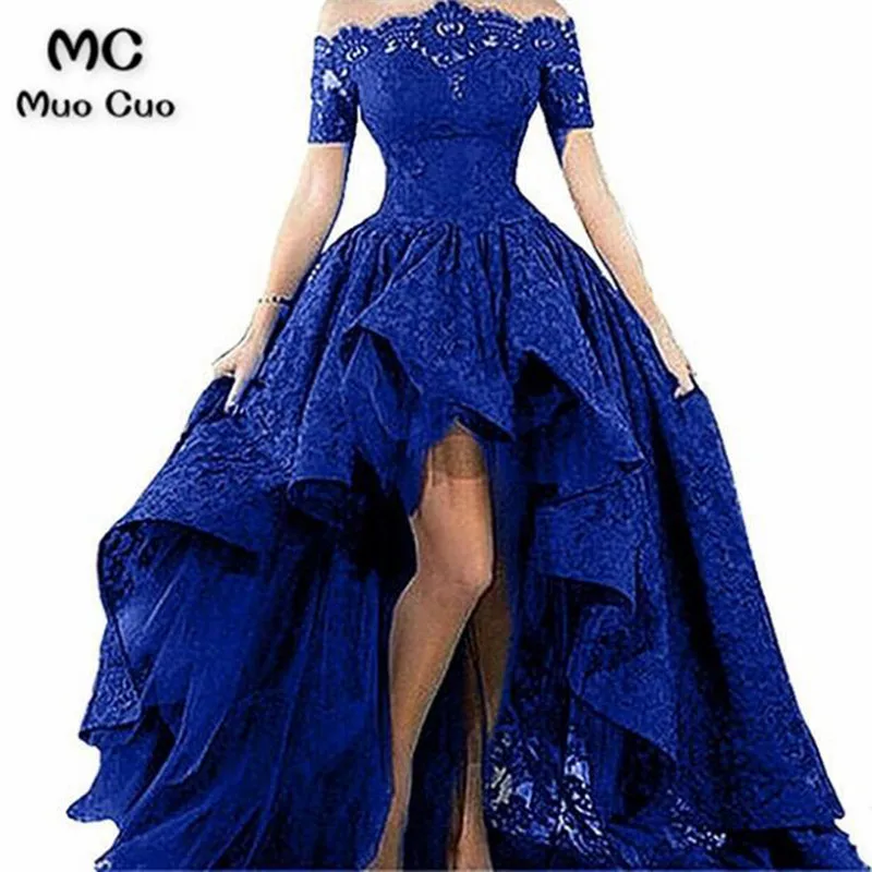 High Low Gown 2018 Off Shoulder Evening Dresses Long with Lace Short Sleeve Formal Evening Party Dress for Women