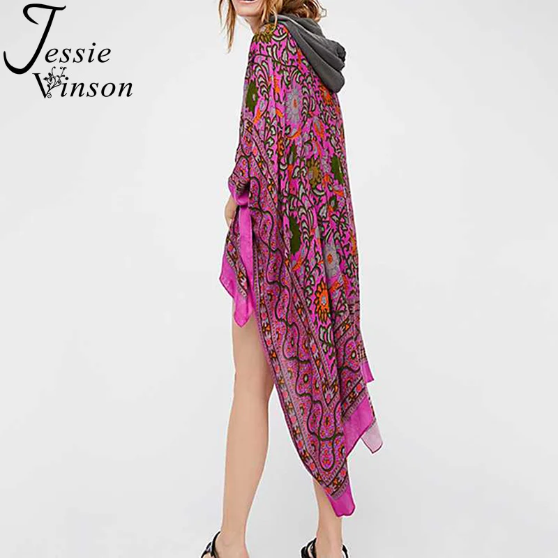 Женская блузка в стиле бохо Jessie Vinson, длинное шифоновое кимоно с богемным принтом, коротким рукавом "летучая мышь", кардиган, пляжная накидка, большие размеры